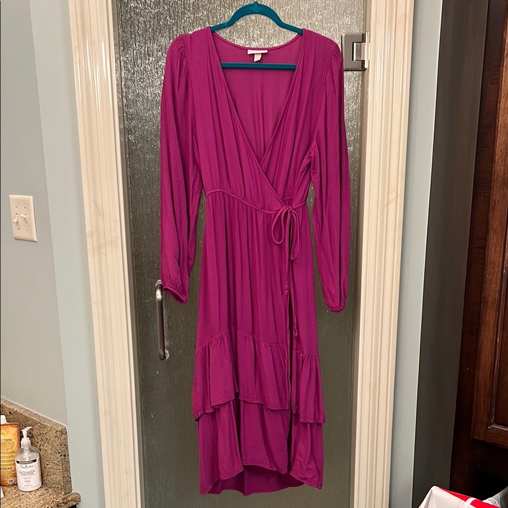 Knox Rose Pink Wrap Dress with Bishop Sleeves and Tiered Hem